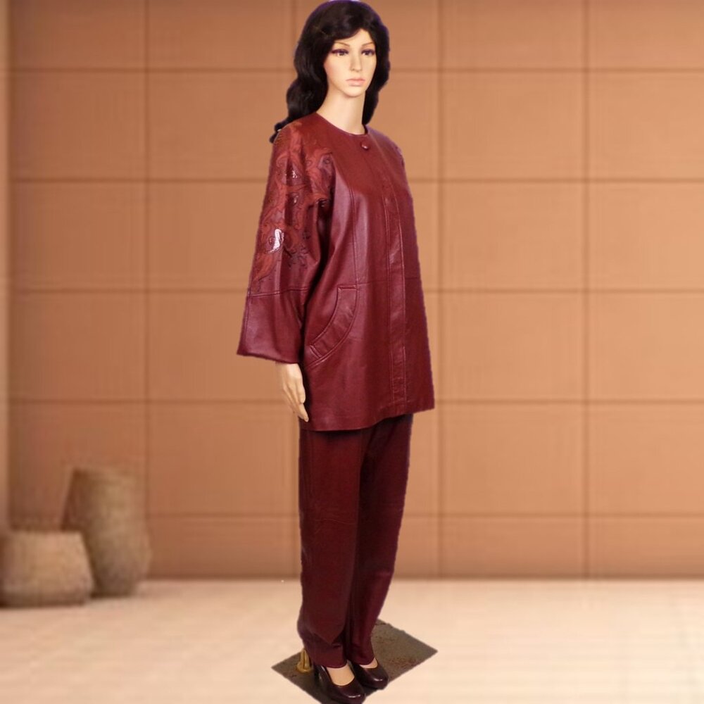 LEATHER! SUZELLE 2-piece brown pant suit size M jacket size 10 pants 100% leathr